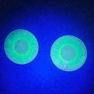 Vintage 2 Uranium Glass Green Depression Etched Floral Luncheon 8" Salad Plate